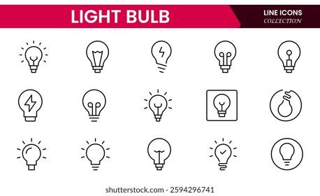 Light bulb idea line icons. Vector electric energy lamps and lightbulbs isolated outline symbols for creative solution, idea, innovation and inspiration concept.