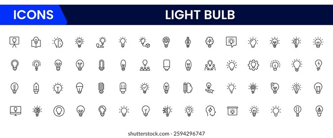 Light bulb idea line icons. Vector electric energy lamps and lightbulbs isolated outline symbols for creative solution, idea, innovation and inspiration concept.
