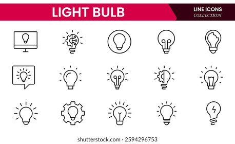 Light bulb idea line icons. Vector electric energy lamps and lightbulbs isolated outline symbols for creative solution, idea, innovation and inspiration concept.