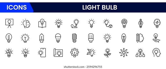 Light bulb idea line icons. Vector electric energy lamps and lightbulbs isolated outline symbols for creative solution, idea, innovation and inspiration concept.