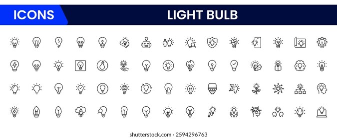 Light bulb idea line icons. Vector electric energy lamps and lightbulbs isolated outline symbols for creative solution, idea, innovation and inspiration concept.