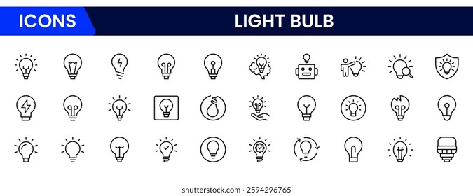 Light bulb idea line icons. Vector electric energy lamps and lightbulbs isolated outline symbols for creative solution, idea, innovation and inspiration concept.
