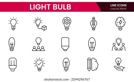 Light bulb idea line icons. Vector electric energy lamps and lightbulbs isolated outline symbols for creative solution, idea, innovation and inspiration concept.