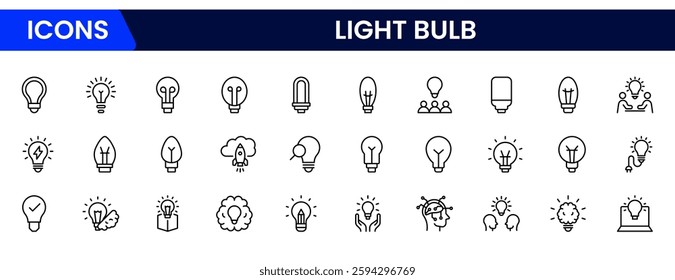 Light bulb idea line icons. Vector electric energy lamps and lightbulbs isolated outline symbols for creative solution, idea, innovation and inspiration concept.