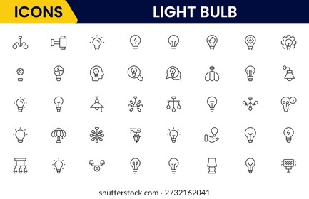 Leuchtmittel Idee Linie Symbole. Vektor-Elektro-Lampen und Glühbirnen isoliert Umrisssymbole für kreative Lösung, Idee, Innovation und Inspiration Konzept.