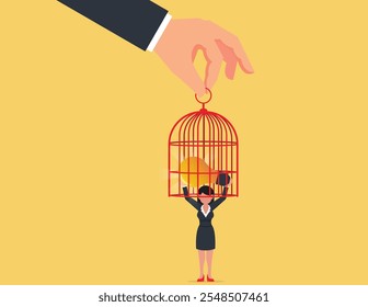 Light bulb of idea locked in a cage, concept limited freedom of thought. Businesswoman idea in a cage