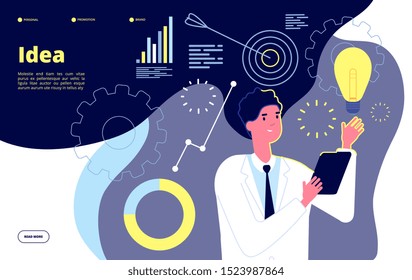Light bulb idea. Man holding glowing lightbulb. Creative innovation, imagination and brainstorming flat concept. Vector landing page