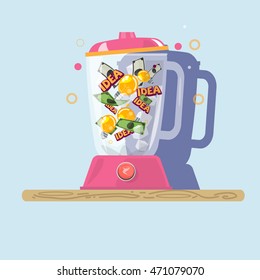 light bulb of idea and money in blending machine. idea and money create innovation idea.  startup concept - vector illustration