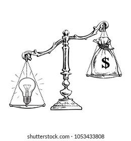 Light bulb idea and money on scales. Creativity overweight sack of dollars concept. Sketch stile hand drawn vector illustration isolated un white background.