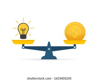 Idea de bombilla ligera y dinero en balanzas. Ilustración de material vectorial.