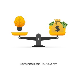 Light bulb idea and money on scales. Vector stock illustration