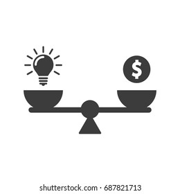 Light bulb idea and money on scales color icon. Vector flat design business concept