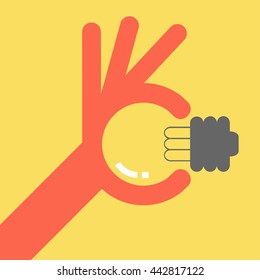 Light bulb idea with OK hand. Flat design for business financial marketing banking advertising commercial event background concept cartoon illustration.