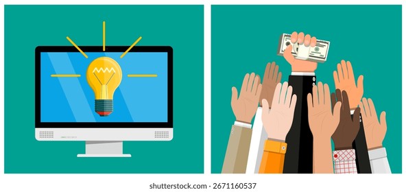 Light bulb idea on computer screen and hands grabbing money. Business innovation and financial return concept. Flat style stock vector set collection illustration.