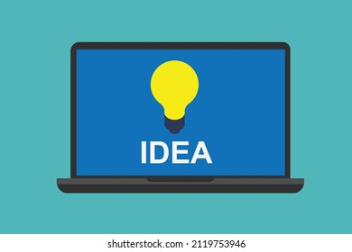 Light bulb idea on laptop screen vector illustration. Searching lightbulb or find bright idea or solution on internet online concept