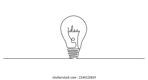 Light bulb with idea in one continuous line drawing. Innovation symbol and creative mind concept in simple linear style. Editable stroke. Doodle Vector illustration