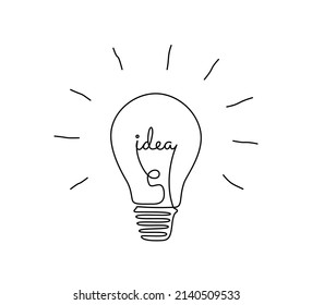Light bulb with idea in one continuous line drawing. Brainstorm symbol and creative mind concept in simple linear style. Shining lamp with editable stroke. Vector illustration