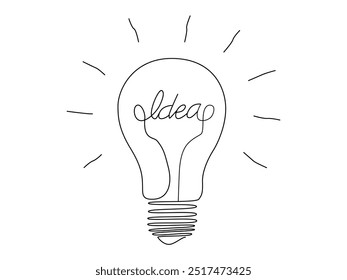 Light bulb with idea in one continuous line drawing. Brainstorm symbol and creative mind concept in simple linear style. Shining lamp with editable stroke. Vector illustration