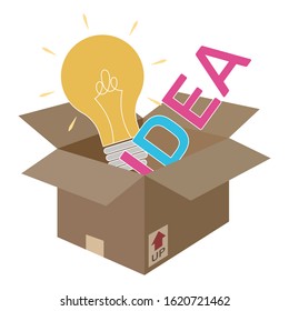 Light bulb of idea in opened paper box vector illustration. Idea concept vector cartoon. 