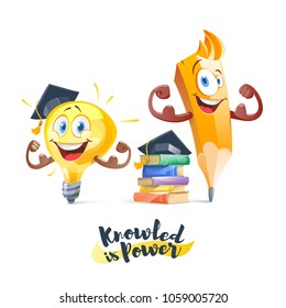 Light bulb idea and pencil show the muscles on the hands. Knowledge is power, education concept.