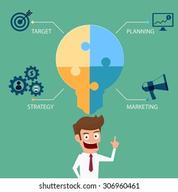 Light bulb idea puzzle business success concept infographics template. Cartoon Vector Illustration