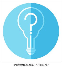 Light bulb idea question. Round icon with blue background.