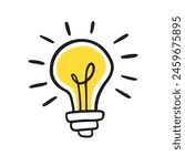 Light bulb idea rays shine Doodle Cartoon Flat style. Hand drawn Symbol creativity, inspiration. Vector illustration