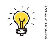 Light bulb idea rays shine Doodle Cartoon Flat style. Hand drawn Symbol creativity, inspiration. Vector illustration