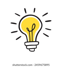 Light bulb idea rays shine Doodle Cartoon Flat style. Hand drawn Symbol creativity, inspiration. Vector illustration