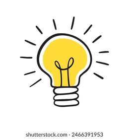 Light bulb idea rays shine Doodle Cartoon Flat style. Hand drawn Symbol creativity, inspiration. Vector illustration