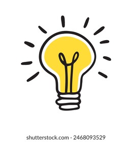 Light bulb idea rays shine Doodle Cartoon Flat style. Hand drawn Symbol creativity, inspiration. Vector illustration