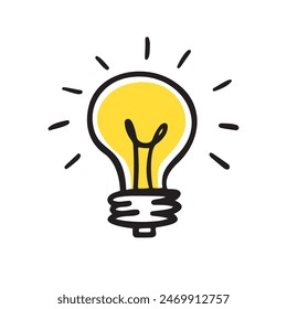 Light bulb idea rays shine Doodle Cartoon Flat style. Hand drawn Symbol creativity, inspiration. Vector illustration