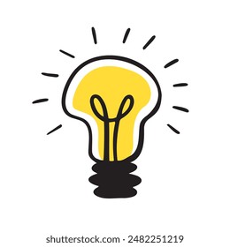 Light bulb idea rays shine Doodle Cartoon Flat style. Hand drawn Symbol creativity, inspiration. Vector illustration