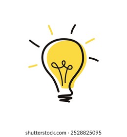 Light bulb idea rays shine Doodle Cartoon Flat style. Hand drawn Symbol creativity, inspiration. Vector illustration