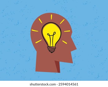 Light bulb idea rays shine on human head. Doodle illustration, smart, creativity, inspiration symbol