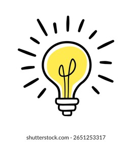 Light bulb idea rays shine Doodle Cartoon Flat style. Hand drawn Symbol creativity, inspiration. Flat vector illustration design.