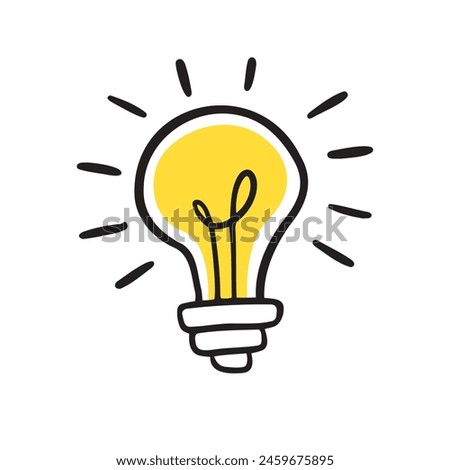 Light bulb idea rays shine Doodle Cartoon Flat style. Hand drawn Symbol creativity, inspiration. Vector illustration