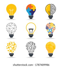 light bulb idea set symbol. thinking logo icons. technology lamp sign. isolated on white background. business creative concept. vector illustration in flat style modern design.