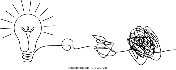 Boceto de idea de bombilla evolucionando del caos a la claridad. El arte de líneas dibujadas a mano muestra el pensamiento creativo y la resolución de problemas. Ideal para presentaciones de conceptos de innovación y visuales de branding.