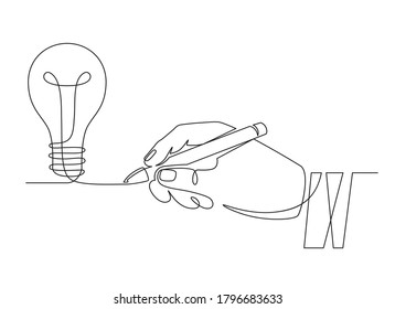 Light bulb idea. Sketch hand with pen drawing one line bulb, invention or creative thinking symbol. New project, brainstorm vector concept. Start up idea, new business creation illustration