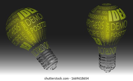 light bulb - an idea symbol on a gray background, an original solution to a problem, a design element, objects consisting of text