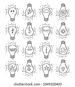 Light Bulb Idea Symbols Vector Set. Hand drawn doodle Light Bulbs with Various Items