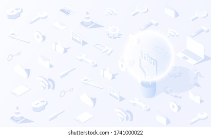 Light bulb of idea Technology tool Social media  background isometric vector design