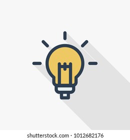 light bulb, idea thin line flat color icon. Linear vector illustration. Pictogram isolated on white background. Colorful long shadow design.
