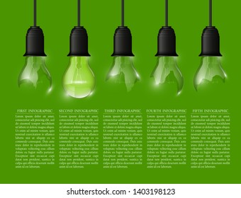 Light bulb illuminated infographic banner, realistic illustration. Vector stylish Light bulb conceptual digital idea design background, Light bulb banner infograph