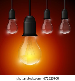 Light bulb illuminated, realistic vector illustration. stylish conceptual digital idea design background