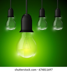 Light bulb illuminated, realistic vector illustration. stylish conceptual digital idea design background