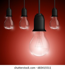 Light bulb illuminated, realistic vector illustration. stylish conceptual digital idea design background