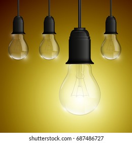 Light bulb illuminated, realistic vector illustration. stylish conceptual digital idea design background