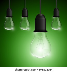 Light bulb illuminated, realistic vector illustration. stylish conceptual digital idea design background
